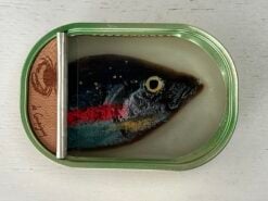 Grote blauwe vis met rode streep in blik